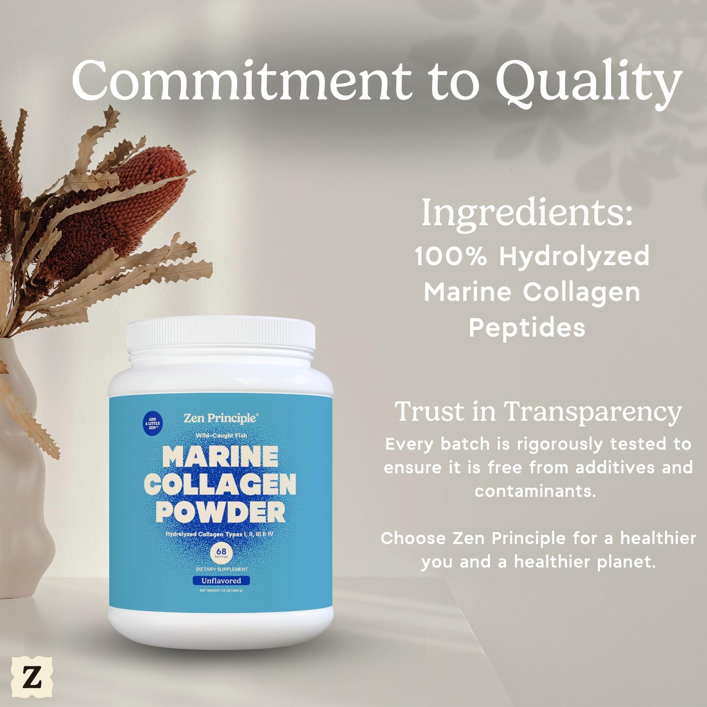 Zen Principle Marine Collagen Peptides Powder 3 lb. Wild-Caught Fish, Non-GMO. Supports Healthy Skin, Hair, Joints and Bones. Hydrolyzed Types I, II, III & IV Protein. Amino Acids. Easy to Mix.