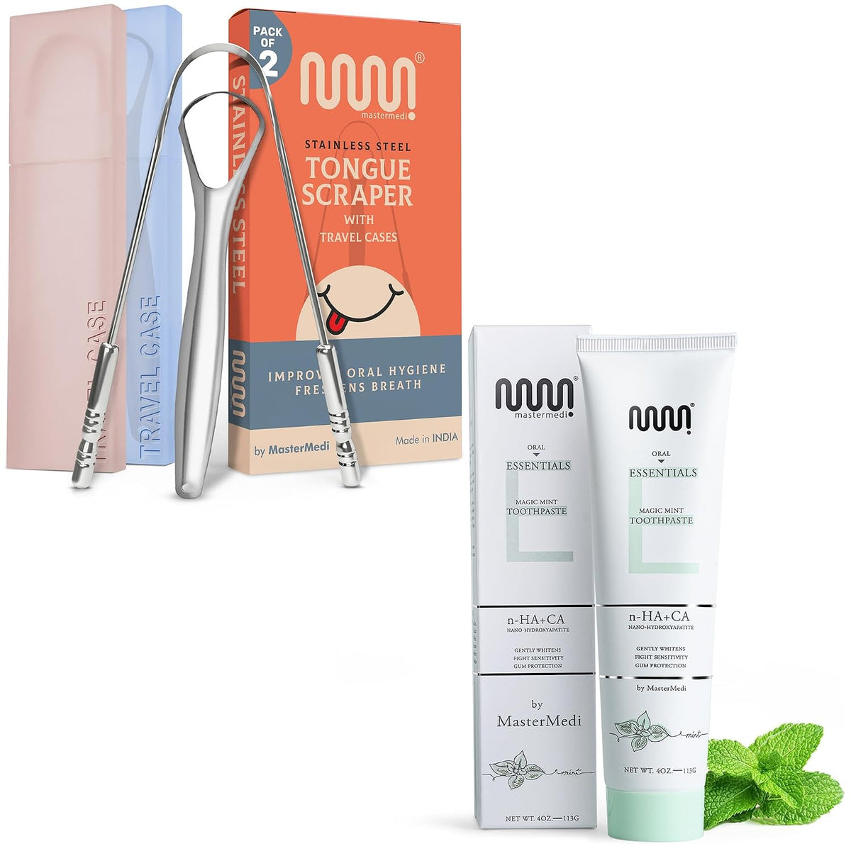 MasterMedi Tongue Scraper with Multicolor Cases (2 Pack) and MasterMedi Nano Hydroxyapatite Toothpaste