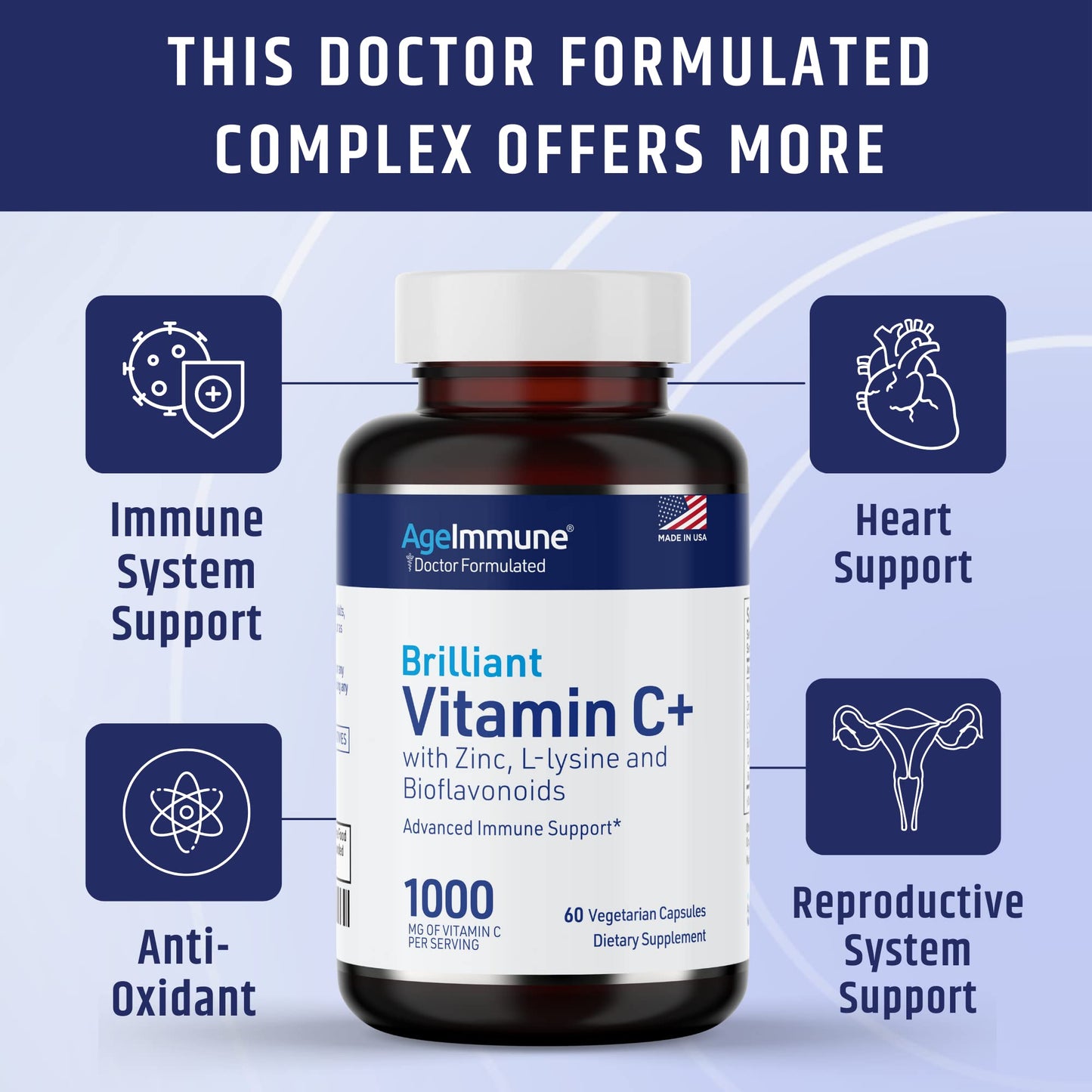 AgeImmune Vitamin C 1000mg Complex with L-Lysine 500mg, Zinc 12mg, Bioflavonoids 300mg. Doctor Formulated Magnesium Stearate Free Supplements for Healthy Immune System Support.(1)