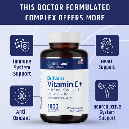 AgeImmune Vitamin C 1000mg Complex with L-Lysine 500mg, Zinc 12mg, Bioflavonoids 300mg. Doctor Formulated Magnesium Stearate Free Supplements for Healthy Immune System Support.(1)