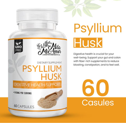 Mila Miamor Psyllium Husk Capsules – 60 Count – Gut & Colon Support Supplement – Promotes Digestive Health & Regularity – Non-GMO, High Fiber Formula