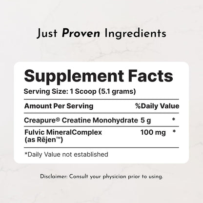 JUST INGREDIENTS Creatine Monohydrate Powder with Rejen Fulvic Mineral Complex - Supports Muscle Recovery, Energy, Strength, Cognitive Function - 30 Servings