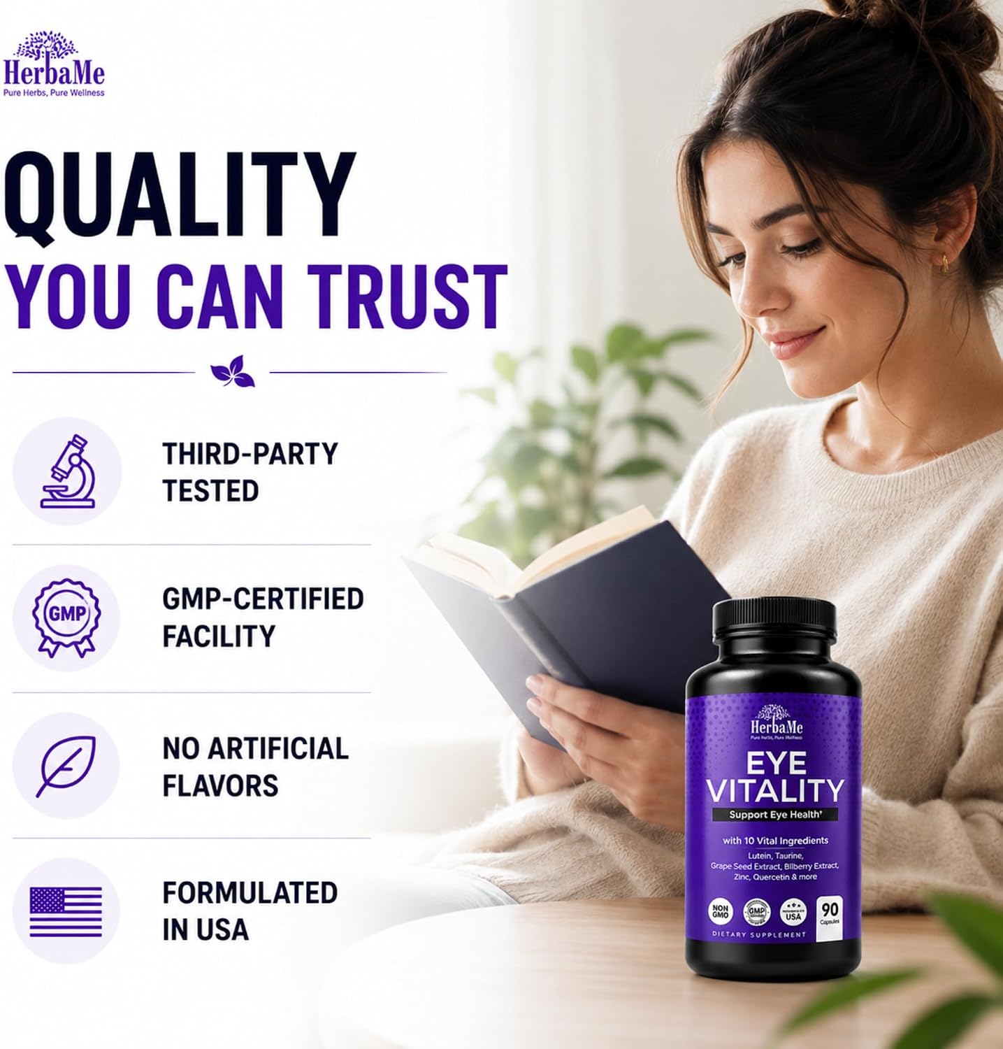 HerbaMe Eye Vitamins Supplement with Lutein, Bilberry, Beta Carotene, L-Taurine, Zinc and Quercetin, 90 Capsules, Supports Vision, Ocular and Macular Health, Helps Eyes Filter Blue Light