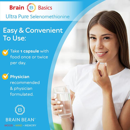 Brain Basics Ultra-Pure Selenomethionine - Proper Thyroid Function and Immune System Support - 200 mcg Most Bioavailable Selenium - 90 Servings