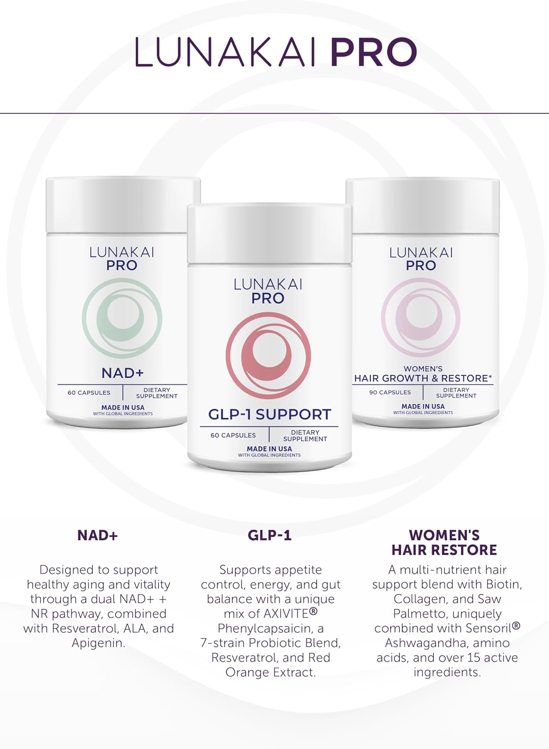 Lunakai USA Made NMN Supplement 500mg - NAD+ Support with Resveratrol 98%, TMG & Pterostilbene - Nicotinamide Mononucleotide for Daily Cellular Energy & Healthy Aging - 60 Vegan Capsules