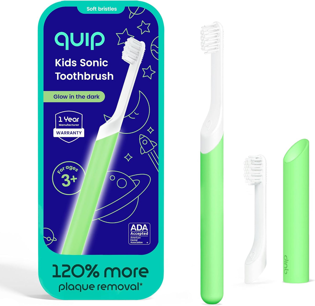 Quip Sonic Electric Toothbrush for Kids with Timer, Glow in the Dark Green