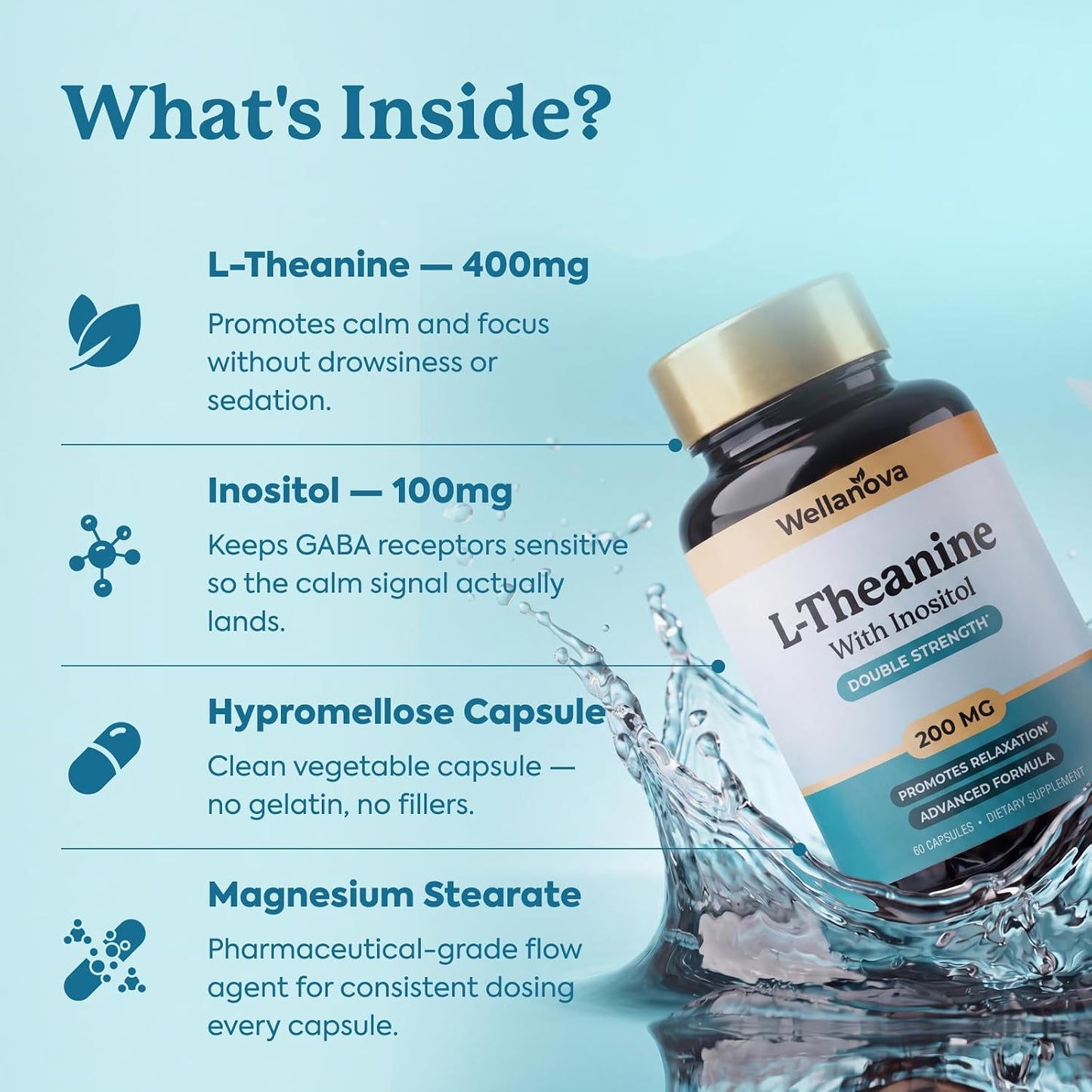 L-Theanine Supplement 400mg Double Strength – L-Theanine with Inositol | Supports Relaxation & Focus, Advanced Formula, 60 Capsules