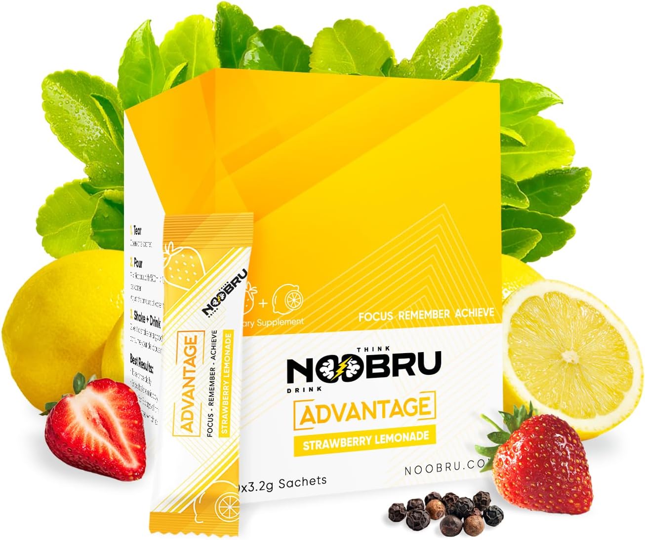 Noobru Аdvantage Nootropic - Delicious Nootropics Brain Supplement with 11 Active Ingredients - Natural Cognitive Enhancer - 20 Strawberry Lemonade Sachets - 1 Month Supply, 20 Count (Pack of 1)