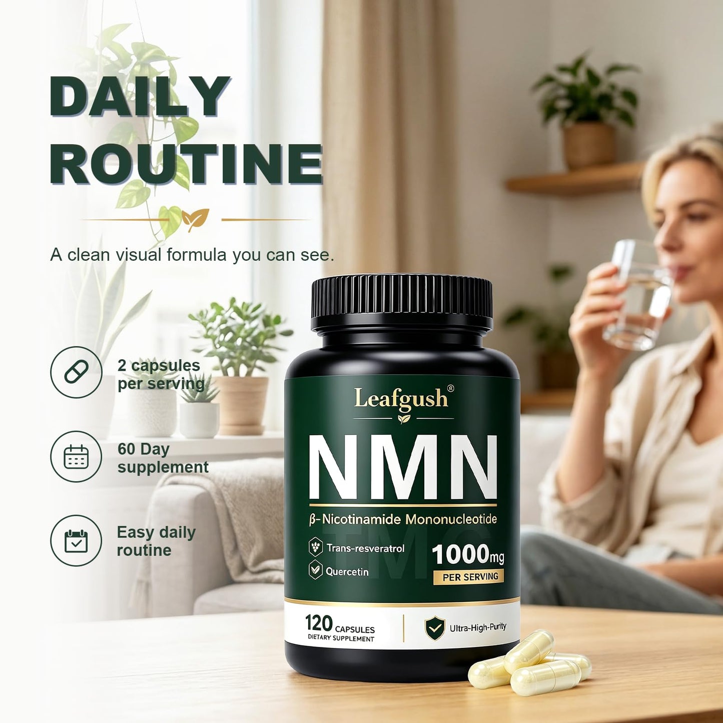 NMN Supplement, NAD+ Precursor Support 1000mg 5-in-1 Complex with 600mg Nicotinamide Mononucleotide and TMG 200mg, Trans-Resveratrol, Quercetin, CoQ10 for Cellular Energy, Antioxidant Support