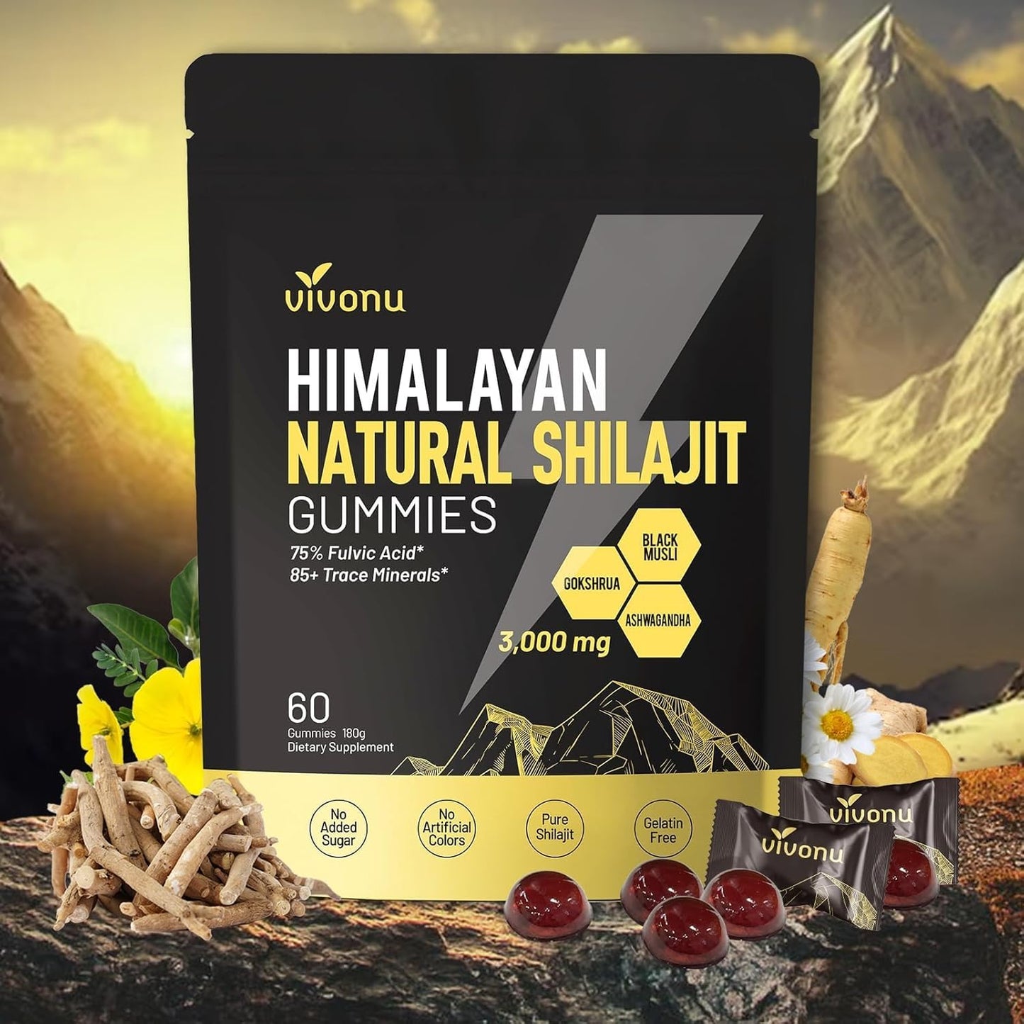 VivoNu Shilajit* Gummies,Pure Himalayan* micronutrient Supplement, Himalayan Premium Ingredient with Shilajit, Ashwagandha, Gokshura, Fulvic Acid & 85+ Trace Minerals I for Men & Women (4000MG/1 Bag)