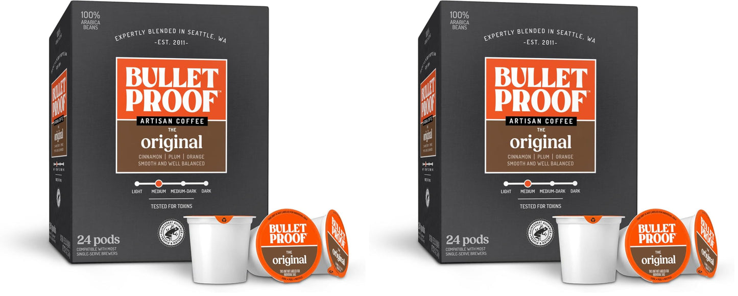 Bulletproof Original Medium-Roast Single-Serve Coffee Pods, 24 Count, 100% Arabica Beans, Clean Coffee Tested for Toxins
