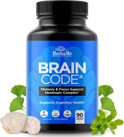 HerbaMe Nootropic Brain Supplement for Focus & Mental Clarity | Daily Cognitive Performance Stack with Choline, Bacopa, Lion’s Mane & L-Tyrosine | Memory & Energy Support | 90 Capsules