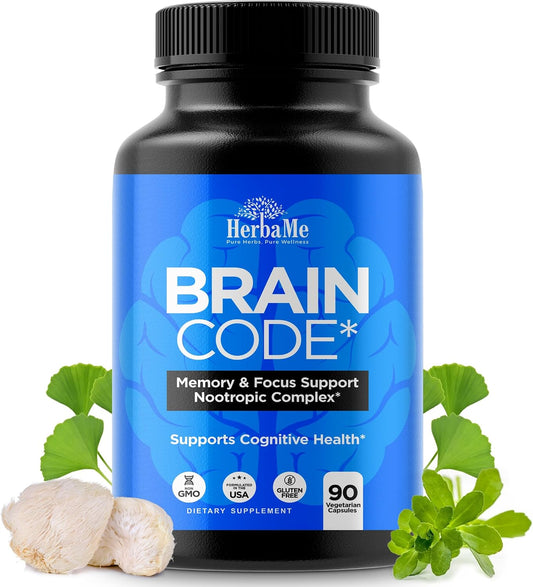 HerbaMe Nootropic Brain Supplement for Focus & Mental Clarity | Daily Cognitive Performance Stack with Choline, Bacopa, Lion’s Mane & L-Tyrosine | Memory & Energy Support | 90 Capsules
