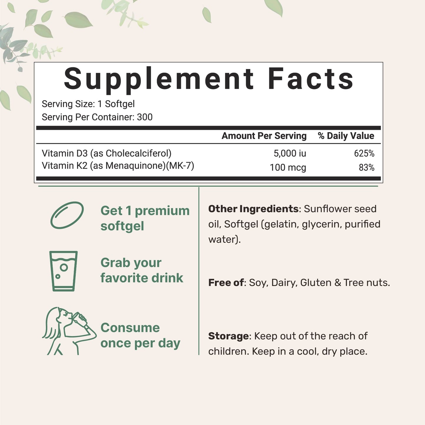 Micro Ingredients Vitamin D3 5,000 IU + K2 MK-7 100 mcg, 300 Softgels | 2-in-1 Vitamins D & K Complex | Extra Strength, Easy to Swallow, Non-GMO, Gluten Free