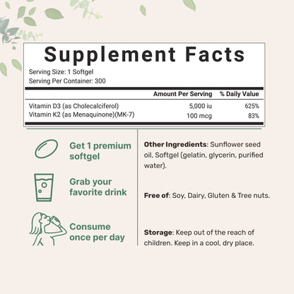 Micro Ingredients Vitamin D3 5,000 IU + K2 MK-7 100 mcg, 300 Softgels | 2-in-1 Vitamins D & K Complex | Extra Strength, Easy to Swallow, Non-GMO, Gluten Free