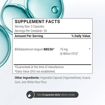 Supersmart Bifidobacterium Longum (BB536) 6 Billion CFU per Day - Probiotics & Prebiotics Supplement | Non-GMO & Gluten Free - 60 DR Capsules | Improves Bowel Disorders - Strengthens the Immune System - Reduces Pollen Allergy Symptoms