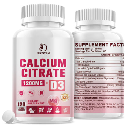 Calcium Citrate 1200 mg with Vitamin D3 Supplement for Women & Men, Calcium Magnesium Zinc D3 for Bone Muscle & Teeth Health - 120 Count - 60 Day Vegan Supply