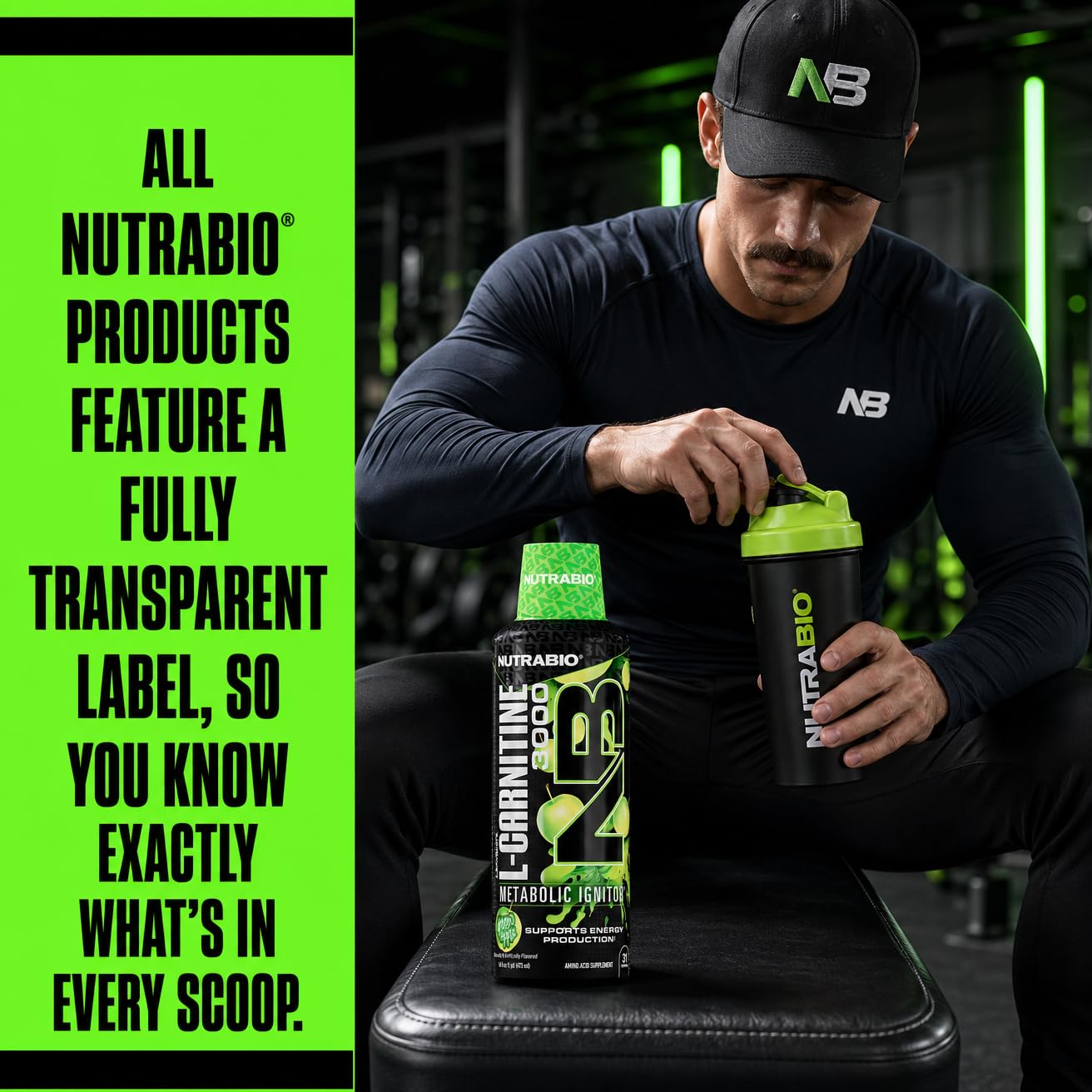 NutraBio – L-Carnitine Liquid Shots – 3000mg, (Green Apple) – 10mg of Vitamin B-5 – Zero Carbs & Sugars – Energy Production – Muscle Recovery