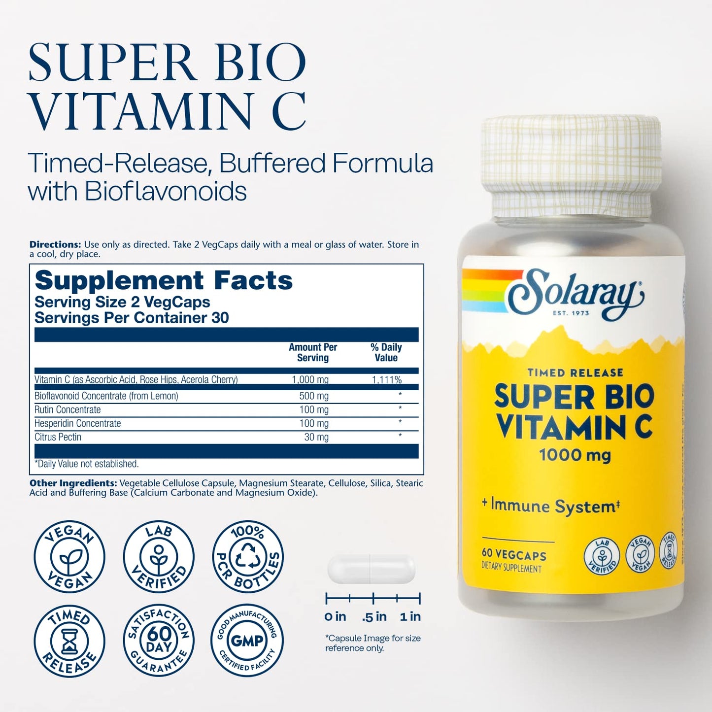 SOLARAY Super Bio Vitamin C 1000mg, Buffered, Two-Stage Timed Release with Bioflavonoids, Immune Support Supplement, High Absorption, Vegan, 60-Day Guarantee – 250 VegCaps