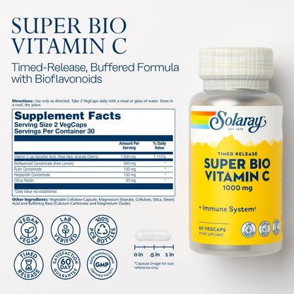 SOLARAY Super Bio Vitamin C 1000mg, Buffered, Two-Stage Timed Release with Bioflavonoids, Immune Support Supplement, High Absorption, Vegan, 60-Day Guarantee – 250 VegCaps