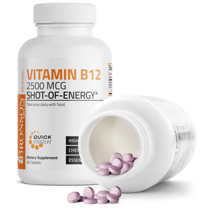 Vitamin B12 2500mcg Shot of Energy Fast Dissolve Chewable Tablets - Quick Release Cherry Flavored Sublingual B12 Vitamin - Supports Nervous System, Healthy Brain Function Energy Production – 90 Count