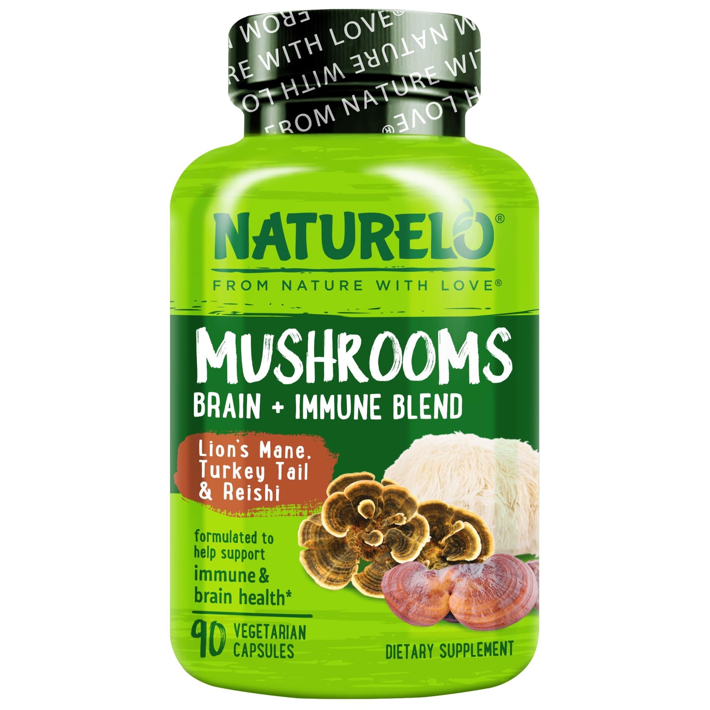 NATURELO Mushroom Supplement Capsules, 90 Ct, Brain & Immune Support, Vegan-Friendly, Lions Mane Supplement Capsules, Lion’s Mane, Reishi, Turkey Tail Blend