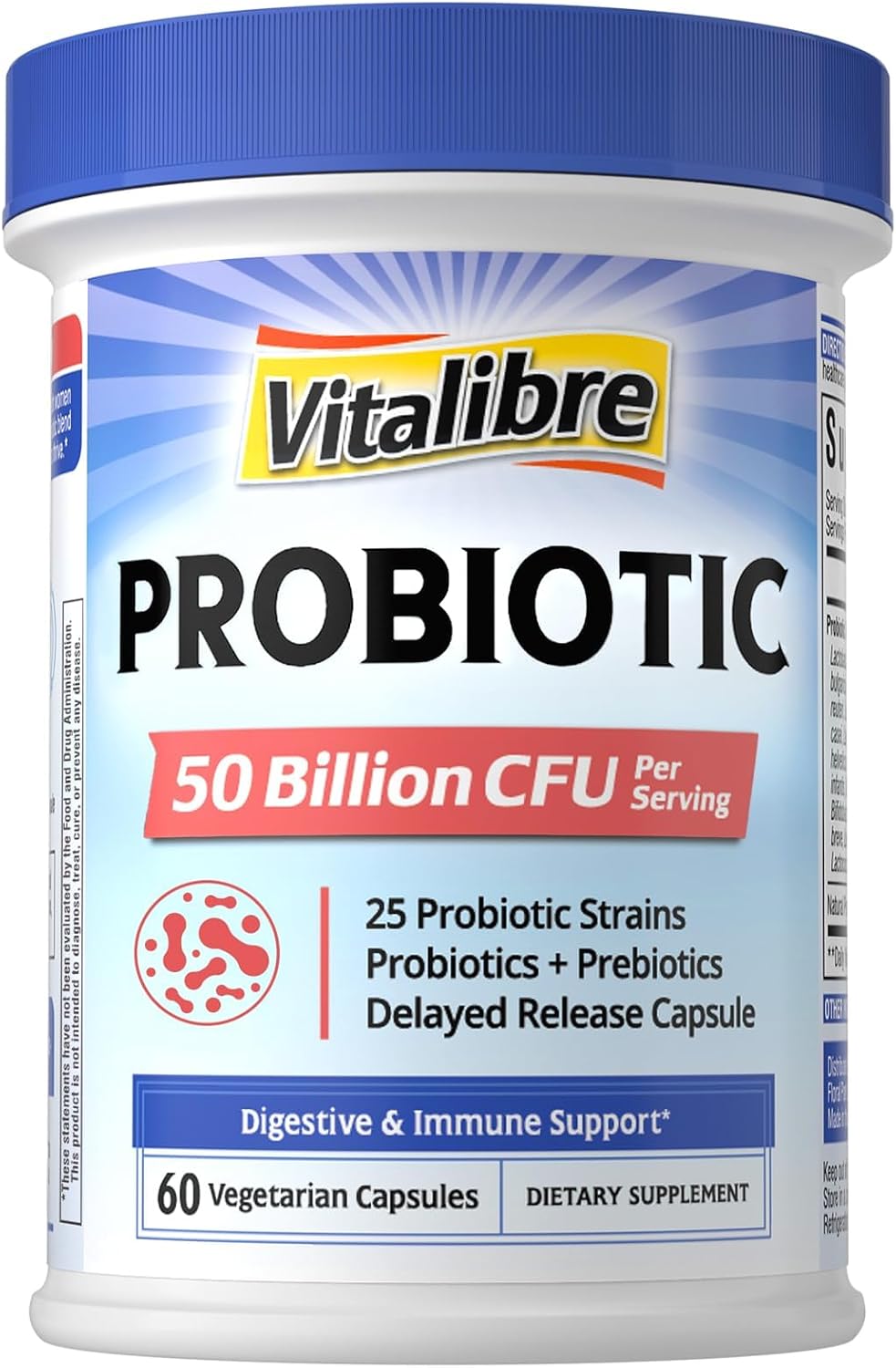 Vitalibre Probiotic for Women and Men, 50 Billion CFU, 25 Diverse Strains Plus Prebiotics, for Digestive Health & Immune Support, Delayed Release, No Refrigeration Needed, 60 Veggie Capsules