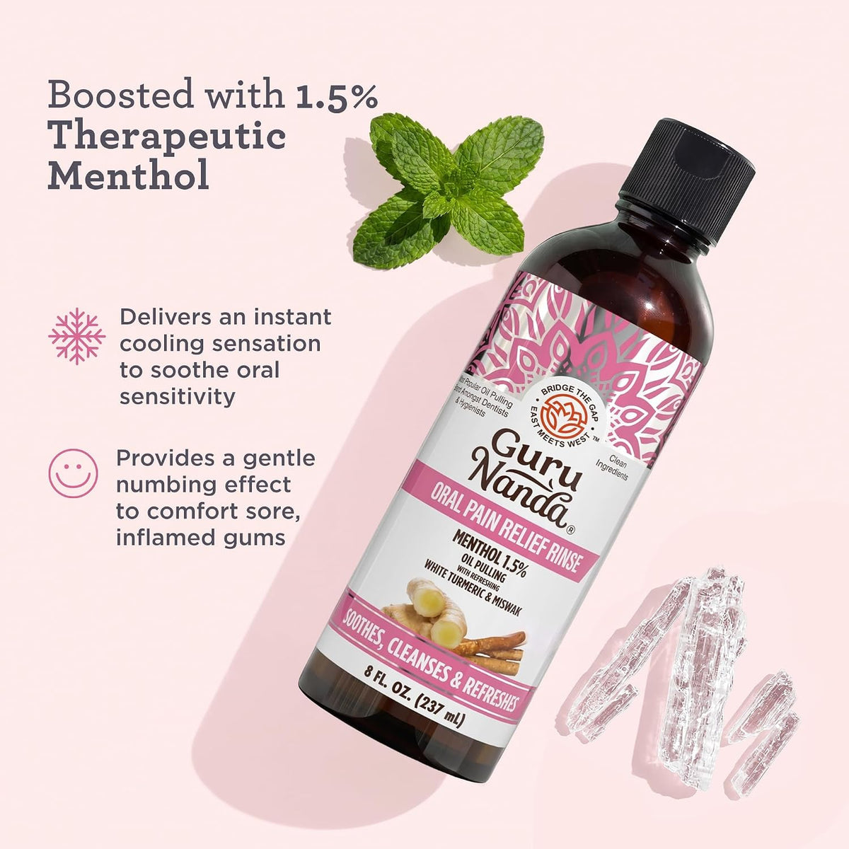 GuruNanda Oral Pain Relief Oil Pulling Mouthwash, Miswak & Clove Oil, 8oz