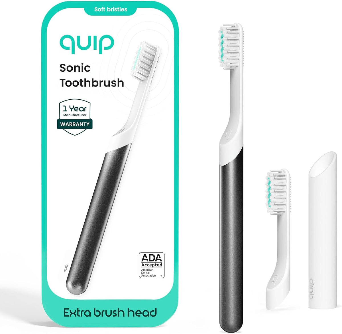 Quip Sonic Electric Toothbrush, Extra Brush Head, Metal Handle, Slate