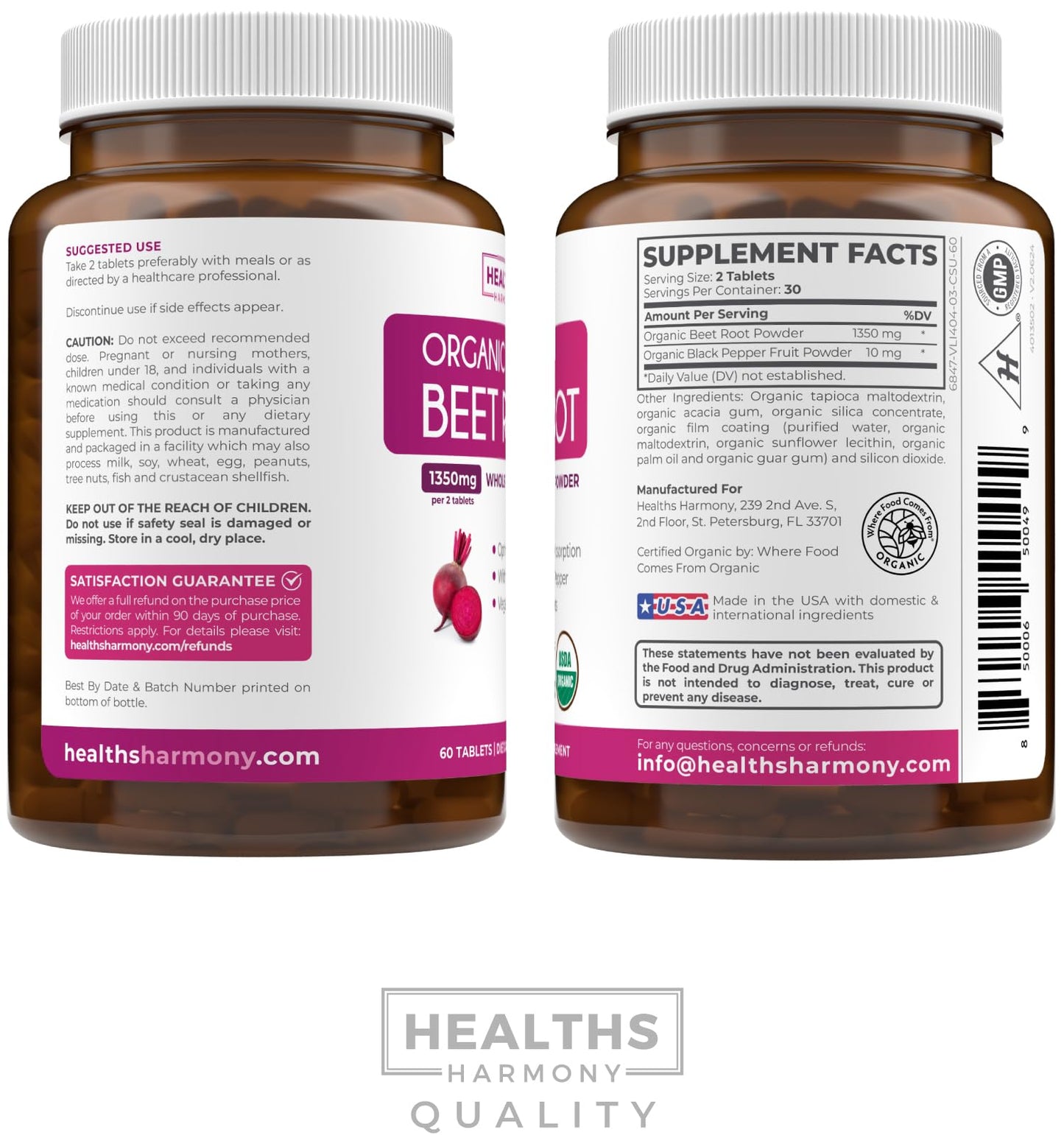 USDA Organic Beet Root Powder (120 Tablets) 1350mg Beets Per Serving with Black Pepper for Extra Absorption - Super Antioxidant and Nitrate Supplement for Athletic Performance and Stamina- No Capsules