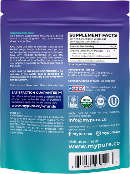 USDA Organic Lion's Mane Powder - Lion Mane Mushroom Supplement for Coffee Smoothies & More - Nootropic Brain Supplement for Memory and Focus Support - Vegan Non-GMO & No Fillers (57 Servings)