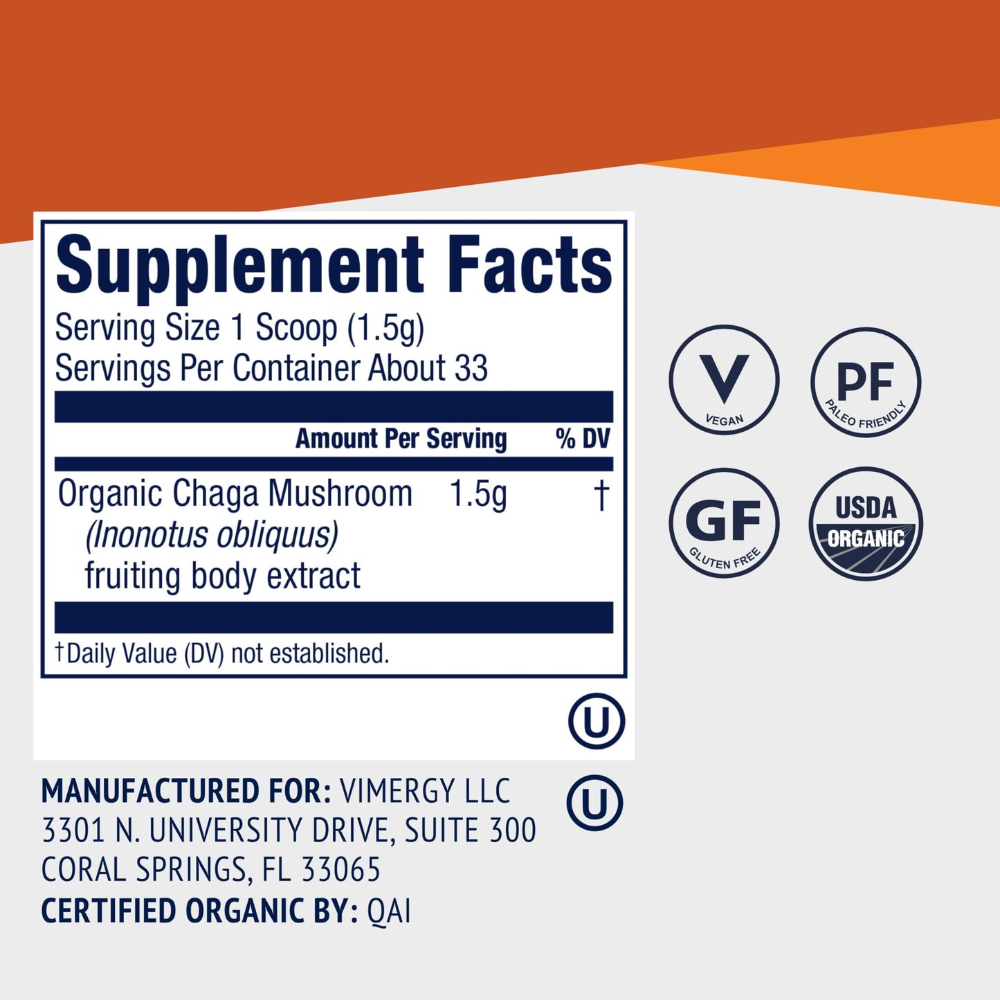 Vimergy Chaga Capsules – Superfood Cellular Support* – Cardiovascular Health Benefits* – Kosher, Vegan, Gluten-Free – 90 Capsules