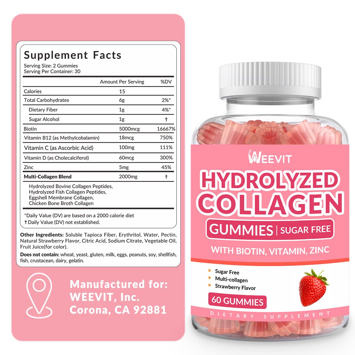 Collagen Gummies for Women, Vegan Hydrolyzed Collagen Peptides Gummies with Biotin