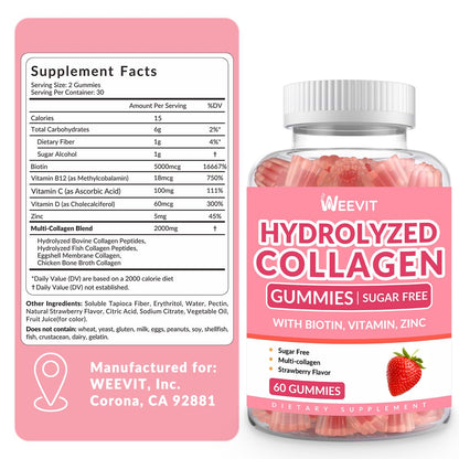 Collagen Gummies for Women, Vegan Hydrolyzed Collagen Peptides Gummies with Biotin
