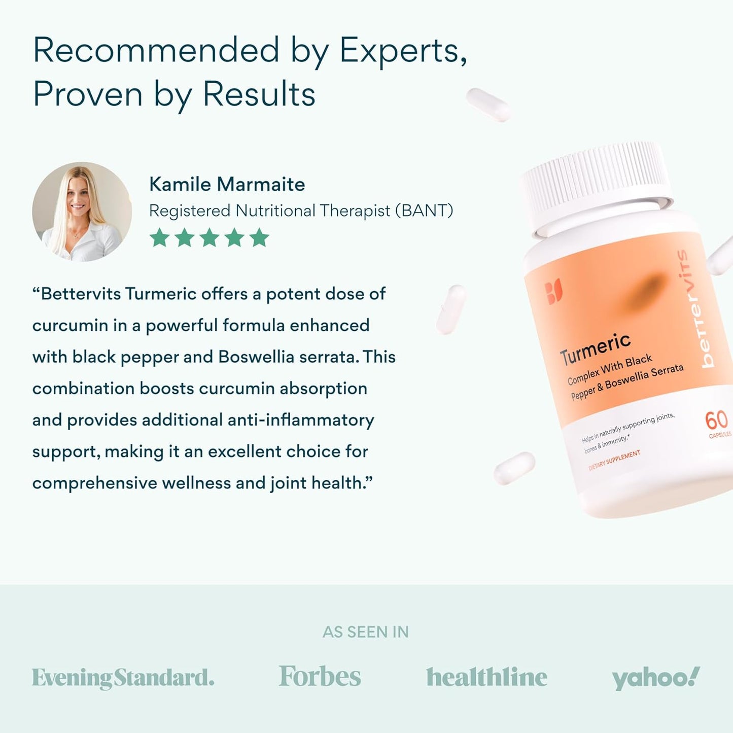 Bettervits Turmeric Curcumin Supplement with Black Pepper and Boswellia Serrata | Organic 1000mg Turmeric Supplement for Enhanced Absorption and Vitamin C | Joint Support - Non-GMO | 60 Vegan Capsules