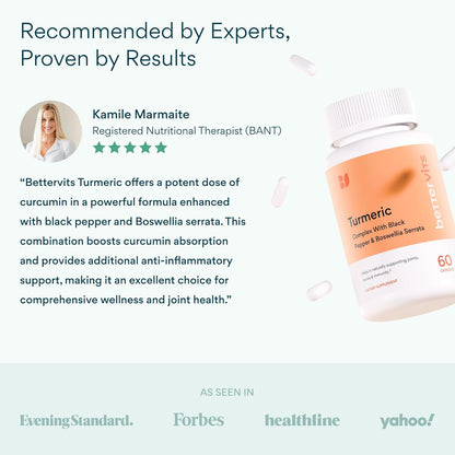 Bettervits Turmeric Curcumin Supplement with Black Pepper and Boswellia Serrata | Organic 1000mg Turmeric Supplement for Enhanced Absorption and Vitamin C | Joint Support - Non-GMO | 60 Vegan Capsules