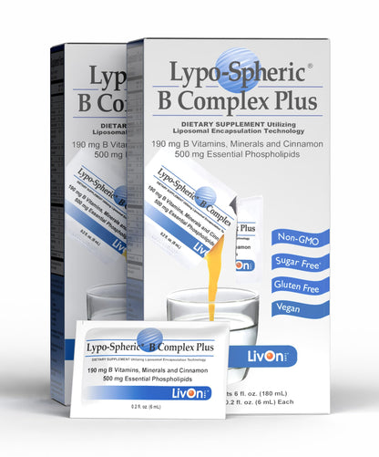 LivOn Laboratories Lypo–Spheric B Complex Plus – 30 Packets – 195 mg B Vitamins, Minerals & Cinnamon Per Packet – Liposome Encapsulated for Improved Absorption – 100% Non–GMO