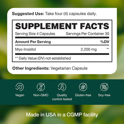 Myo-Inositol - 2200mg Strongest NMR Verified - 120 High Potency Powder Capsules - Best Value Myo Inositol - Made in The USA