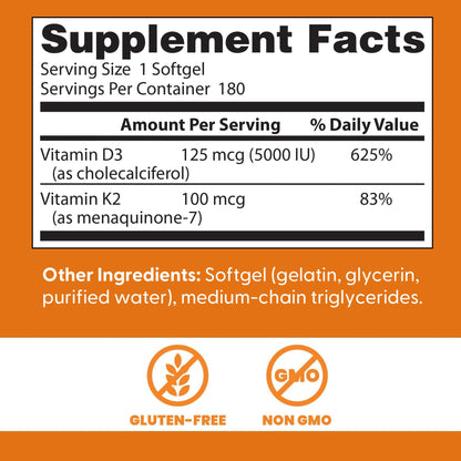 Doctor's Best Vitamin D3 and K2 Supplement for Men & Women - Vitamin D3 5000 IU + K2 as MK-7, Bone Health Support, Gluten Free, Non GMO, Vegetarian Capsules - 60 Veg Caps