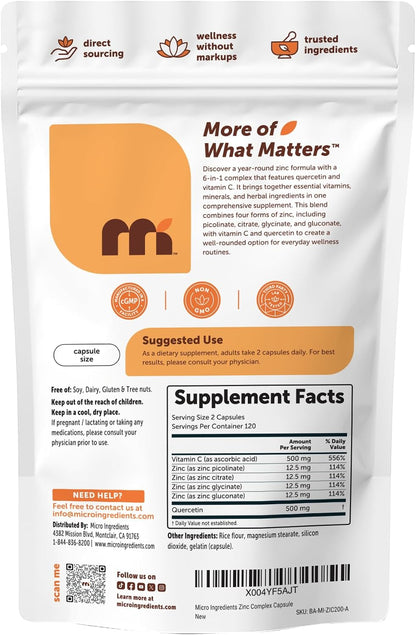 Micro Ingredients Quercetin with Vitamin C & Zinc, 240 Capsules | 6‑in‑1 Formula with Quercetin, Vitamin C & 4 Zinc Forms (Picolinate, Citrate, Glycinate, Gluconate) | Non‑GMO