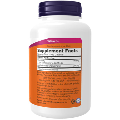 NOW Foods Supplements, Vitamin K-2 100 mcg, Menaquinone-4 (MK-4), Supports Bone Health*, 100 Veg Capsules