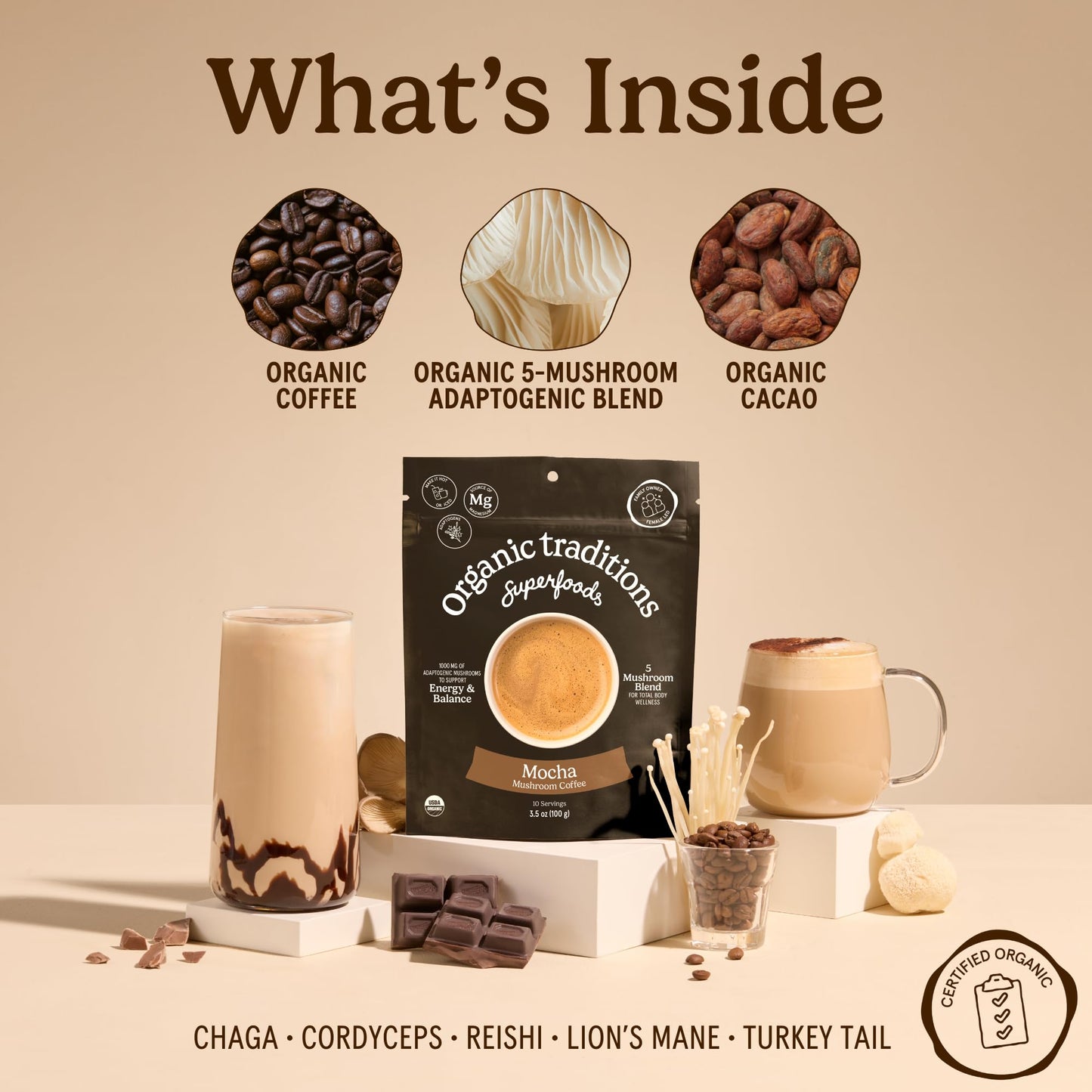 Organic Traditions Mind Fuel Instant Mushroom Coffee Alternative, Caffeine Free Lion’s Mane and Maca Herbal Drink with Dandelion, Chicory, Roasted Grain Blend, Natural Focus Support, 140g / 5oz