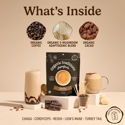 Organic Traditions Mind Fuel Instant Mushroom Coffee Alternative, Caffeine Free Lion’s Mane and Maca Herbal Drink with Dandelion, Chicory, Roasted Grain Blend, Natural Focus Support, 140g / 5oz