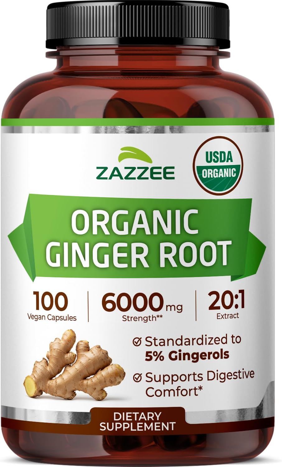 Zazzee USDA Organic Ginger Root 20:1 Extract, 5% Gingerols, 100 Vegan Capsules, 3+ Month Supply, Zingiber Officinale, Digestive & Stomach Support, All-Natural, Non-GMO, Made in the USA