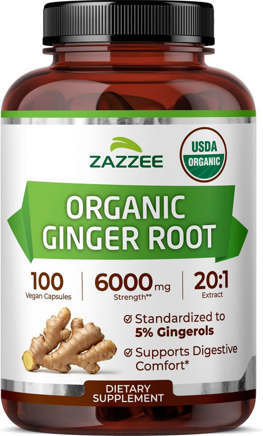 Zazzee USDA Organic Ginger Root 20:1 Extract, 5% Gingerols, 100 Vegan Capsules, 3+ Month Supply, Zingiber Officinale, Digestive & Stomach Support, All-Natural, Non-GMO, Made in the USA