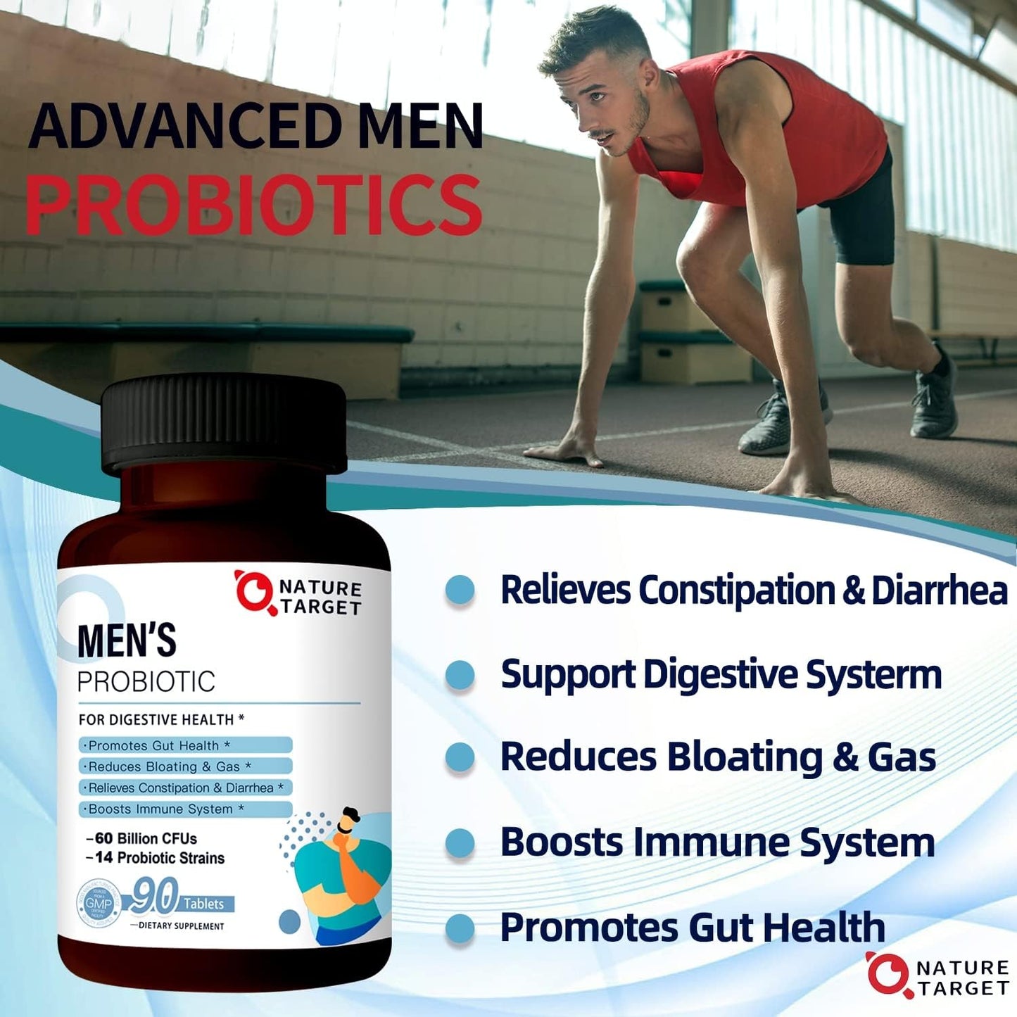 NATURE TARGET Probiotics for Men, 60 Billion CFU, 90 Veggie Tablets | 14 Strains Probiotics & Prebiotics for Men's Digestive & Immune Health, Shelf Stable, Gluten & Soy Free