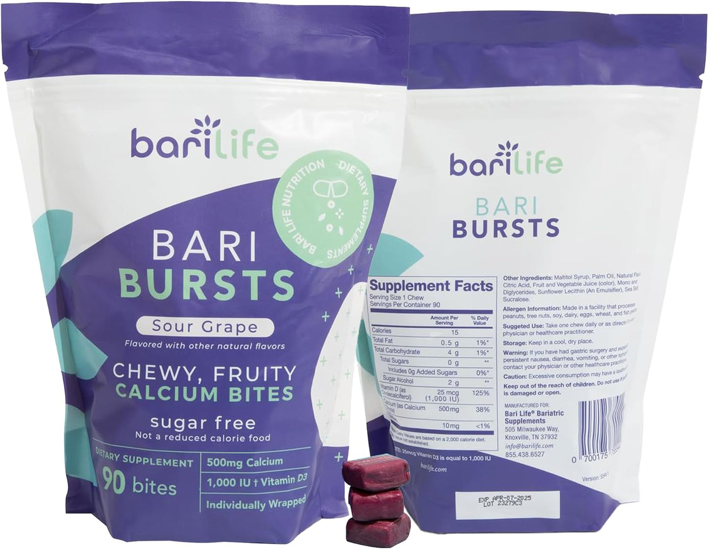 Calcium Citrate Bariatric Calcium Chews with 1000 IU Vitamin D3 - Ideal for Bariatric Patients - BariBurst by Bari Life (Sour Grape)