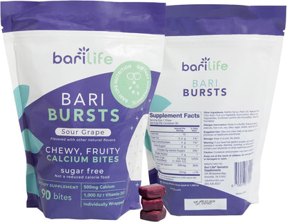 Calcium Citrate Bariatric Calcium Chews with 1000 IU Vitamin D3 - Ideal for Bariatric Patients - BariBurst by Bari Life (Sour Grape)