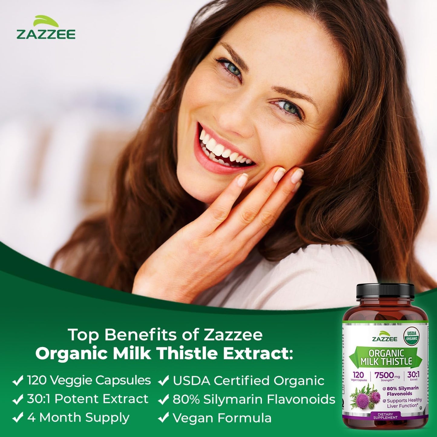 Zazzee USDA Organic Milk Thistle 30:1 Extract, 80% Silymarin, 120 Vegan Capsules, 4 Month Supply, Certified Kosher, High Potency Liver & Antioxidant Support, Silybum Marianum, Non-GMO, Made in the USA
