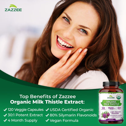 Zazzee USDA Organic Milk Thistle 30:1 Extract, 80% Silymarin, 120 Vegan Capsules, 4 Month Supply, Certified Kosher, High Potency Liver & Antioxidant Support, Silybum Marianum, Non-GMO, Made in the USA